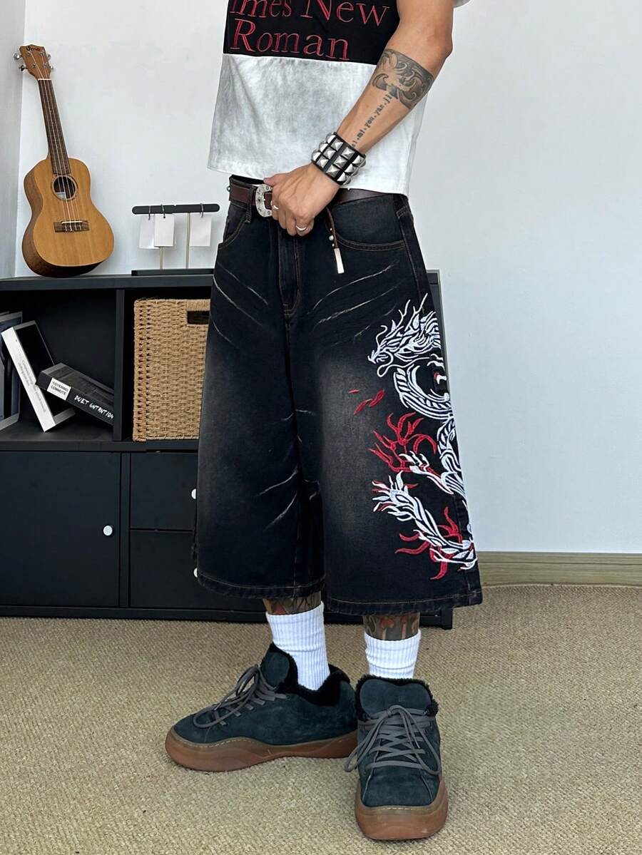 STEELVANCE 街頭風復古時尚百搭刺繡手工縫製設計寬鬆直筒寬腿休閒夏季牛仔短褲(不含腰帶與配件) - 黑色 - View 1