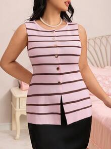 CovetEZ Plus Size Summer Cool Knit Yellow Tank Top - Pink - View 5