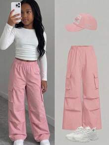 SHEIN Girlism 2 件 Tween Girl 罗纹褶皱长袖 T 恤和工装裤休闲套装 - 粉色 - 查看 7