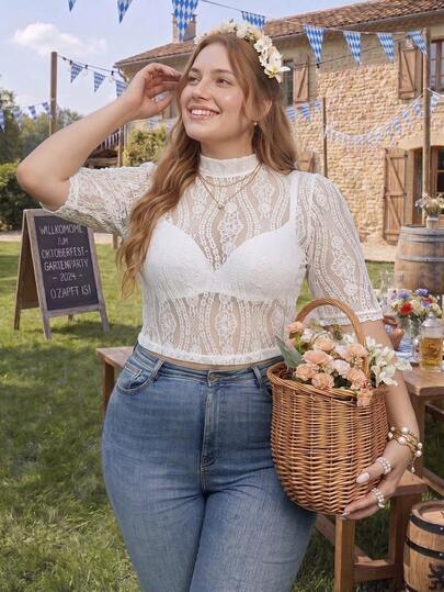 SHEIN Frenchy Plus Size Women Elegant Solid Color Sheer Lace Cropped Top
