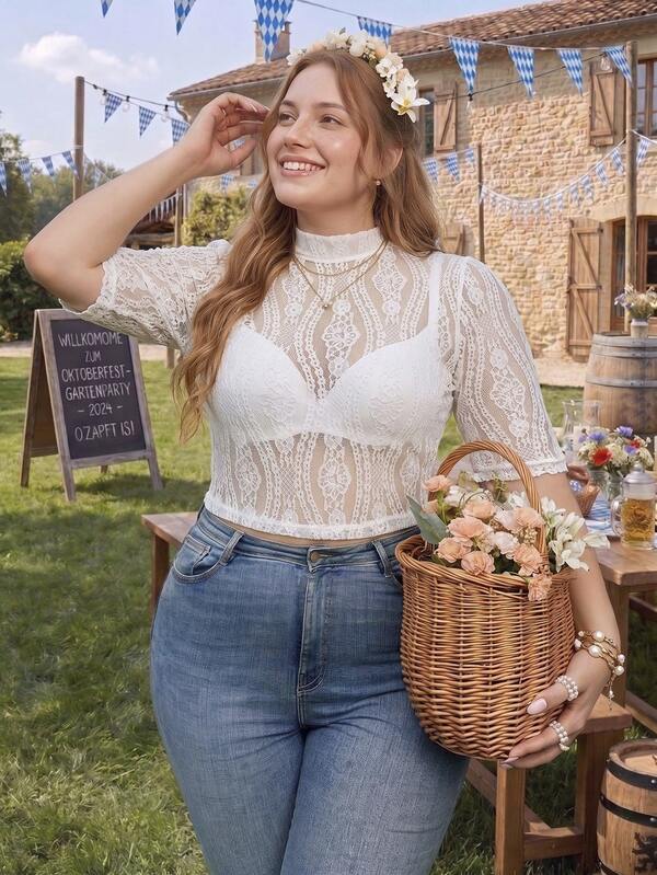 SHEIN Frenchy Plus Size Women Elegant Solid Color Sheer Lace Cropped Top