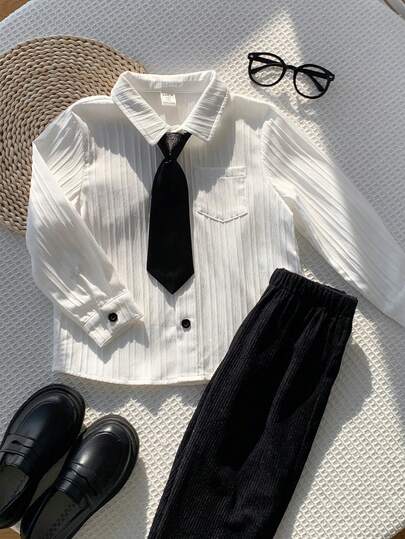 White Shirt With Tie For Kids Young Boy, Preppy Casual Versatile White Long Sleeve Shirt With Tie, Boys Shirt, Back To School Uniform