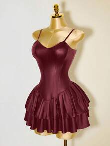 Mistrie Black Outfits Women Sexy Dress PU Asymmetric Cup Corset Waist Cake Ruffle Hem Dress - Burgundy - View 7