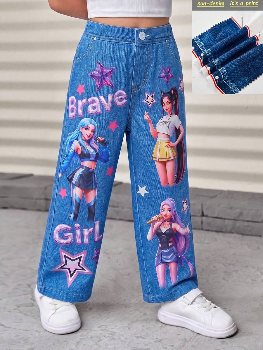Cool Girl Denim Effect Print Wide Leg Jeans For Girls Elastic Waist Easy To Put On And Take Off Cartoon Idol Girl Star All-Over Print Pattern Pantalon - Blue - View 1