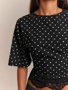 SHEIN BAE 女款波點蕾絲拼接休閒百搭日常穿搭T恤 - 黑色 - 查看 6