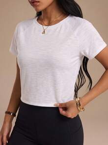 Slayform Solid Color Back Slit Short Sleeve Sports T-Shirt - White - View 1