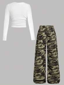 SHEIN Girlism 2pcs Tween Girl Ribbed Ruched Short Sleeve T-Shirt & Camo Print Ruched Pocket Casual Pants Set - Army Green - View 9