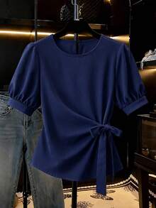 Franclia Blusa elegante de moda de unicolor para mujer, nueva top anudada de verano 2026, casual elegante para uso diario, ir al trabajo, fiestas, viajes y hogar - Azul Marino - Ver 4