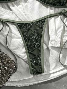 Costavie Swim Vcay 兩件式比基尼套裝，春夏海灘度假，亮片紋理布料，掛脖平口上衣搭配側綁繩丁字褲，性感 - 軍綠色 - 查看 6