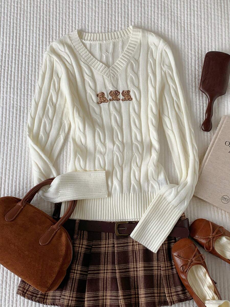 Comfortcana Women's Solid Color V-Neck Long Sleeve Sweater, Simple Fashion Suitable For Summer Little Bear Pattern - White - View 1