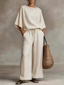 SHEIN LUNE Elegant Vacation Casual Lace Trim Loose Apricot Autumn Women's 2 Pieces Set - Apricot - View 5