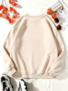 INAWLY Plus Size Halloween Pumpkin Print Sweatshirt Winter - Apricot - View 2
