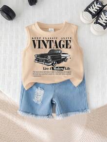 SHEIN 2pcs Baby Boy Summer Casual Street Chic Car Graphic Tank Top And Denim Shorts Set - Multicolor - View 8