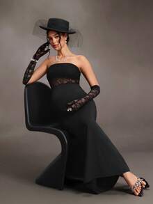 Cheriluna Maternity 優雅性感孕婦派對拍照穿搭 無肩帶修身黑色蕾絲雙層設計魚尾下擺長洋裝 生日 戶外婚禮 萬聖節 冬季 - 黑色 - 查看 7