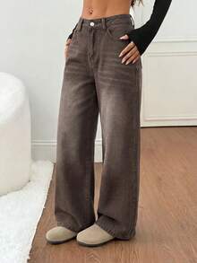 SHEIN PETITE 女款直筒寬鬆休閒百搭牛仔褲，附口袋，牛仔女郎造型，灰色，適合萬聖節、返校季、秋季日間度假穿搭 - 棕色 - 查看 6