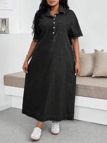 SHEIN Lady Plus Size Denim Dress Casual Short Sleeve Long Blue - Black - View 4