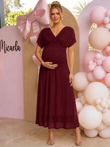 Loomaby Elegant Solid Color Maternity Party Dress - Burgundy - View 6