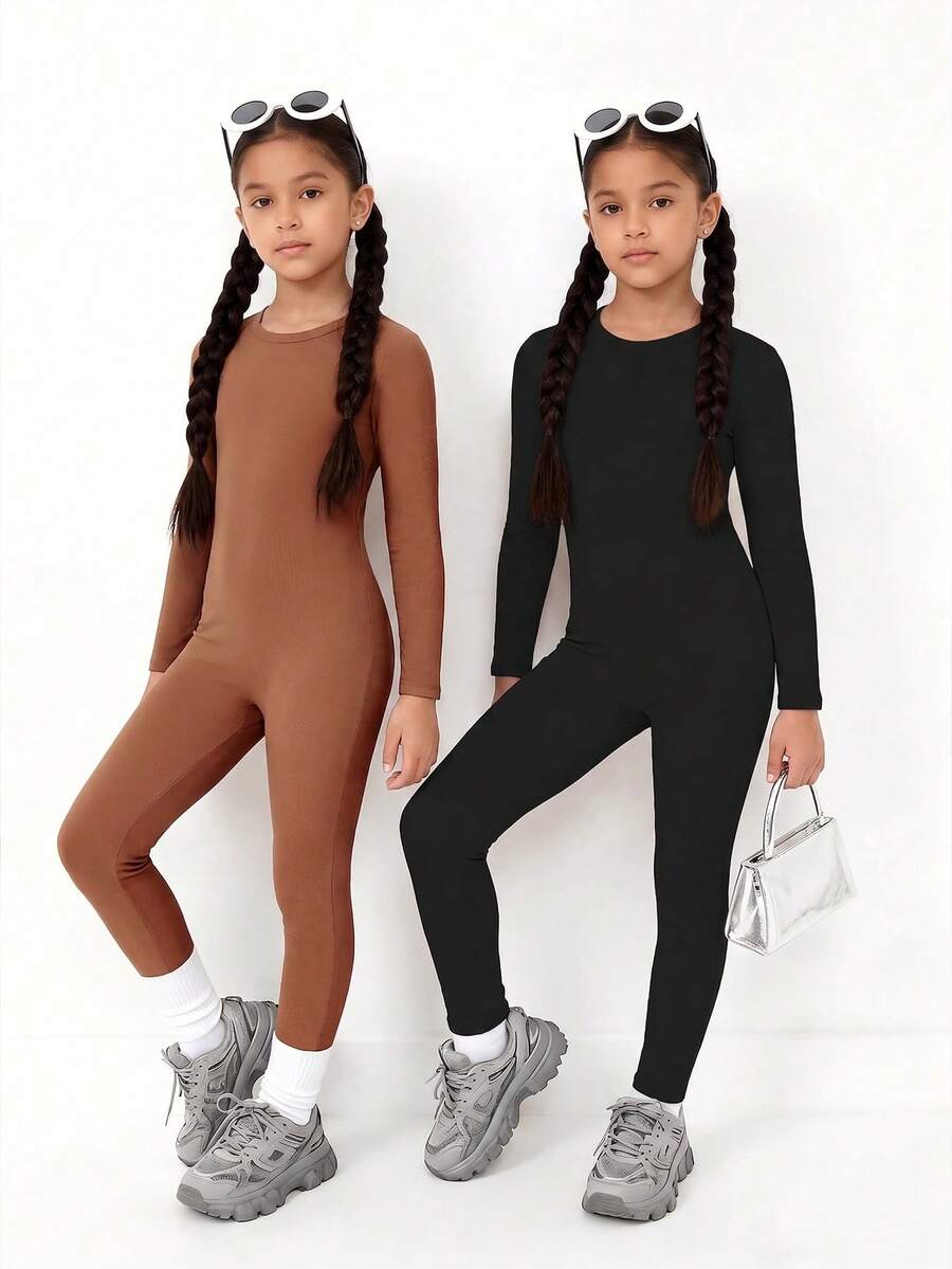 Mono ajustado de manga larga de color liso para niña preadolescente - Multicolor - Ver 1