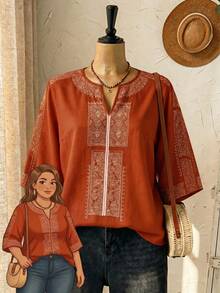 Rusticease 大尺碼女款休閒白色鏤空刺繡襯衫，秋季服飾 - 鏽棕色 - 查看 3