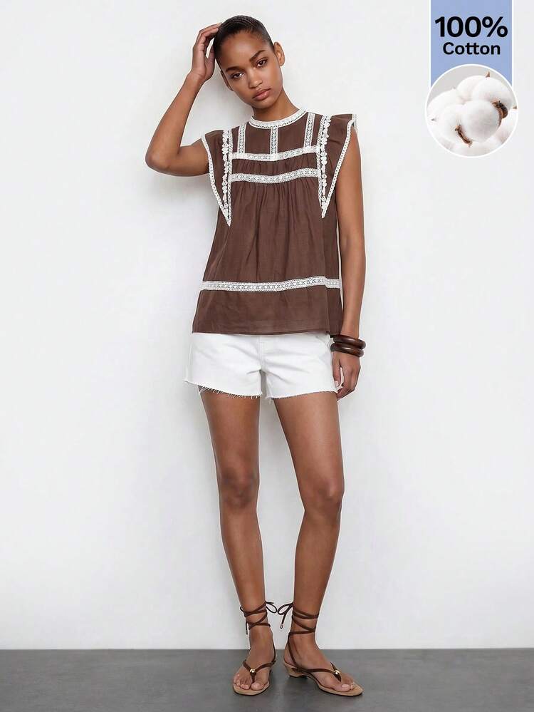 Maija Shades Of Brown Round Neck Sleeveless Women's Blouse, Lace Patchwork, Summer Fall Comfortable Casual Cottage Core Elegant Boho Vacation - Brown - View 6