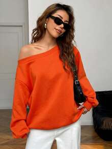 SHEIN EZwear 女款純色不對稱肩休閒百搭日常長袖衛衣 - 橘色 - 查看 5