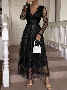 DAZY Frühling/Sommer glänzendes Strass Valentinstag Hochzeitsbankett Ball Party Abendkleid Mode Party figurbetont elegant Pendler Taillenschnürung Spitze mittellanges Kleid - Schwarz - View 9