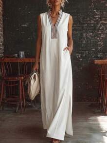 Isle Nomé Women Sleeveless Maxi Caftan Dress, V‑Neck Decorative Printed Trim Loose Side Split Long Dress - Apricot - View 6