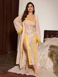 Slumberist Sexy Sheer Textured Mesh Apricot & Lemon Yellow Lace Trim Robe With Yellow Rose Floral Print, Spaghetti Strap Slit Lace Decor Nightgown, Plus Size Women's Sleepwear Set - Apricot - View 1
