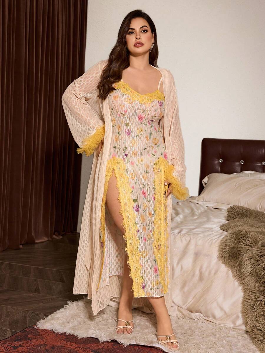 Slumberist Sexy Sheer Textured Mesh Apricot & Lemon Yellow Lace Trim Robe With Yellow Rose Floral Print, Spaghetti Strap Slit Lace Decor Nightgown, Plus Size Women's Sleepwear Set - Apricot - View 1