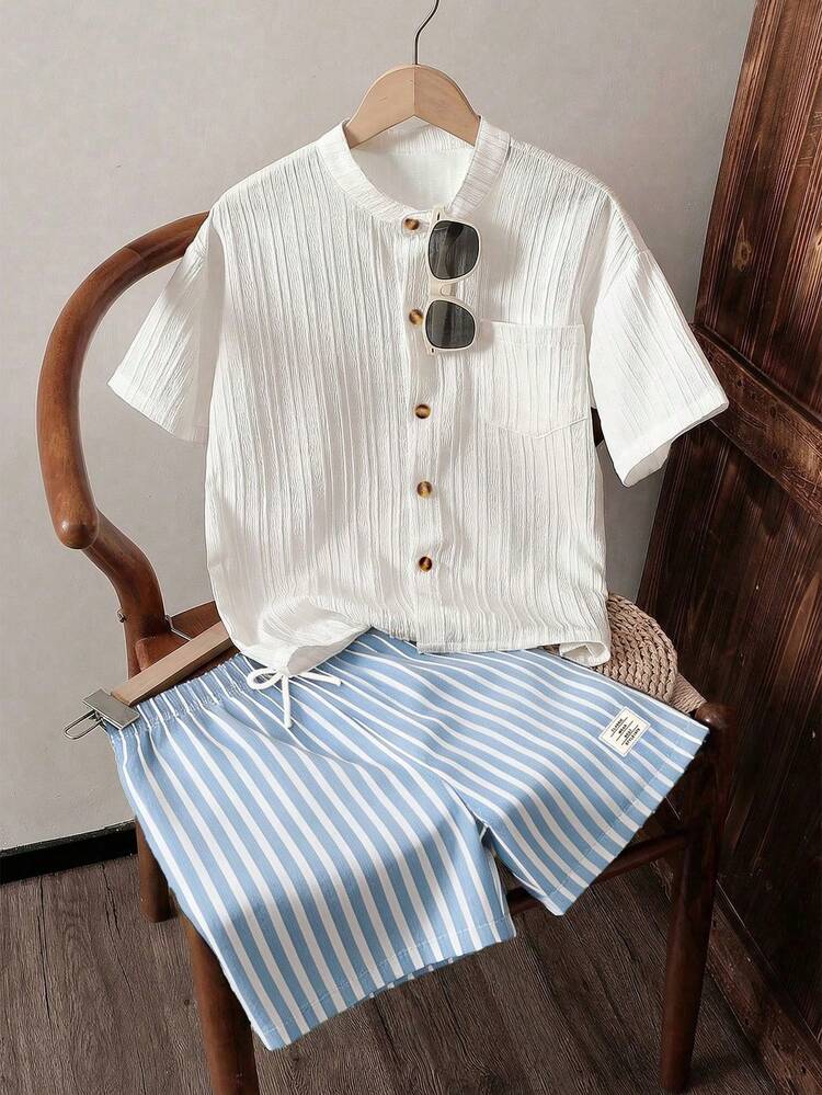 SHEIN Vacaura Boys' Casual Commuter Textured Striped Fabric Stand Collar Shirt And Yarn-Dyed Striped Shorts 2 Pieces Set, Comfortable Fashionable Shirt Outfit - Multicolor - View 1