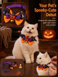 PETSIN 1PC Halloween Bat Wing Bow Tie Pet Collar / Soft Smooth Satin Fabric Halloween Themed Bow With PU Bat Wing Pumpkin Eyeball Decor Adjustable Velvet Neck Strap With Crisp Sound Metal Jingle Bell - Multicolor - View 9