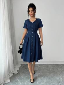 Elenzga 女款秋季休閒優雅前開鈕扣百褶牛仔洋裝，適合辦公室與早午餐，深藍色 - 深色水洗藍 - 查看 3