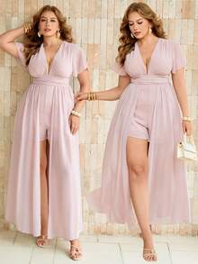 Roveilla Plus Size Women's French Elegant V-Neck Short Sleeve Solid Color Flowy Jumpsuit Wedding Evening Formal Dusty Pink Summer Wedding - Dusty Pink - View 1