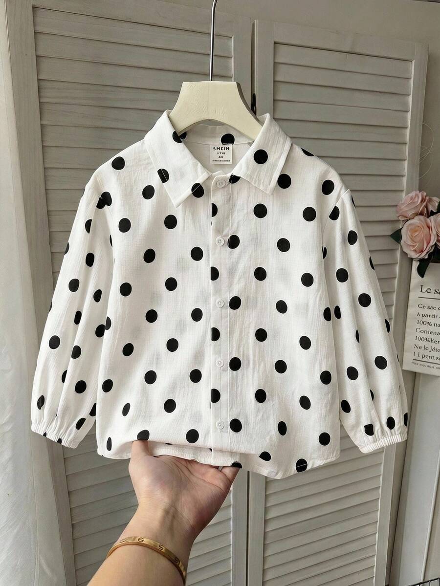 SHEIN 女童對比色圓點圖案長袖鈕扣襯衫 - 黑與白 - 查看 1