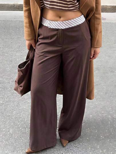 Solavibe Plus Size Casual Colorblock Striped Patchwork Long Pants,Brown Contrast Waist High Waist Wide Leg Pants,Going Out Office Formal Autumn Teachers' Day
