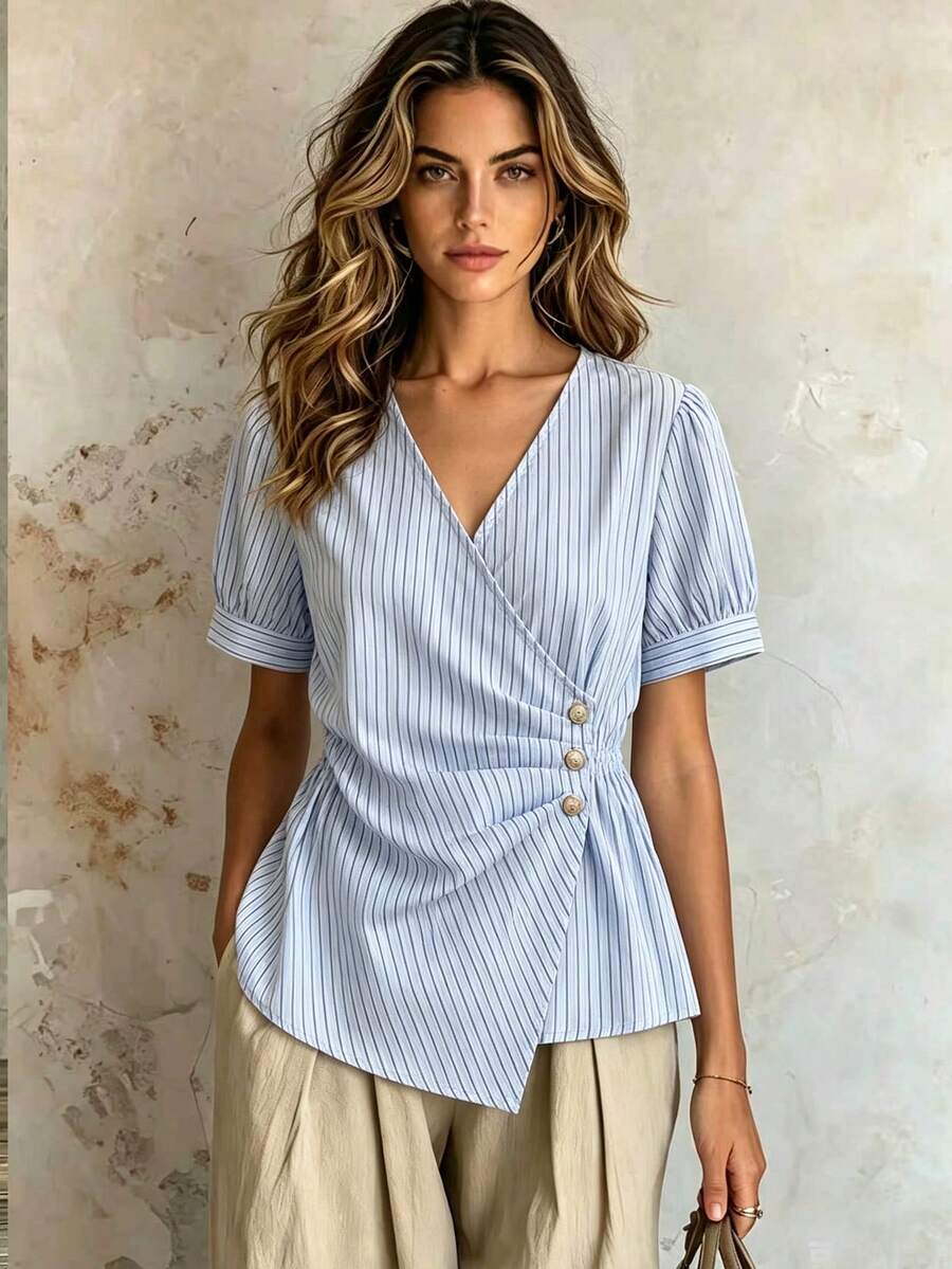 Franclia 女款白色條紋夏季休閒性感優雅辦公高爾夫襯衫,金屬扣設計門襟袖口上衣,適合教師節、海灘派對、通勤穿著 - 彩色 - 查看 1