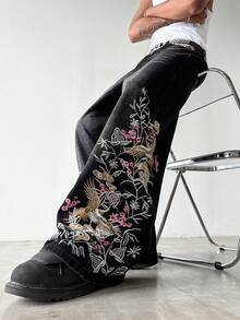 Manfinity EMRG 男士街頭風休閒刺繡黑色牛仔褲 - 黑色 - 查看 7