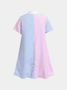 SHEIN Tween女孩休閒日常百搭舒適拼色拼接襯衫領開學洋裝 - 彩色 - 查看 2