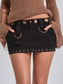 ACID BLVD Summer Y2K Grunge Metal Eyelet Design Straight Mini Denim Skirt - Black - View 1