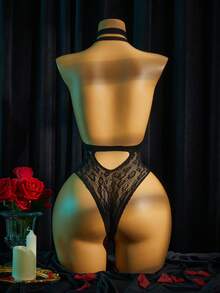 SpicyHot 1pc Leopard Print Lace Choker Halter Deep V Backless High Slit Sexy Teddy Lingerie Sleepwear - Black - View 2