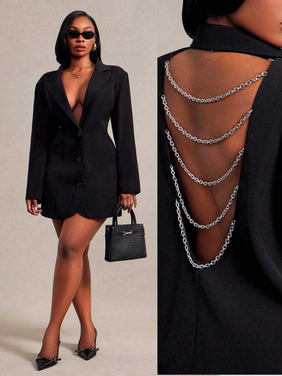 Radiana Plus Size Women's Sexy Minimalist Elegant Black Fitted Blazer With Shoulder Pads, Sexy Backless Blazer, Single-Breasted Blazer Dress, Tailcoat Dress, Suitable For Daily Wear, Office, Commute, Date, Party, Shopping, Banquet, Cocktail Party, Formal Occasions - Black - View 1