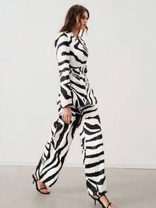 Aveloria Modichic Women's Zebra Print Large Gold Buckle Wide Belt Long Sleeve Blazer Loose Zebra Print Suit Pants Suit Set - White - View 5