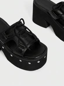 Sugerpunk Women Heeled Sandals Black Muffin Thick-Soled Outer Wear New Rivets Slip-On Wedge Heel Thick-Soled Thick-Heeled Sandals - Black - View 3