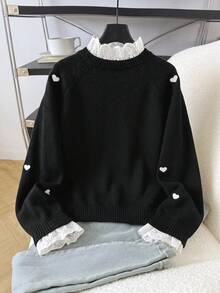 SHEIN Tween Girl Patchwork Embroidered Stand Collar Long Sleeve Heart Pattern Sweater - Black - View 3