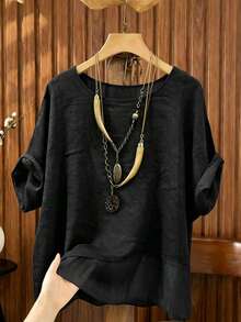 Linhara Spring/Summer Fashion Casual Resort Wear Simple Plus Size Crew Neck Solid Color Women's Shirt Plus Size Women's Beach Top - Black - View 3
