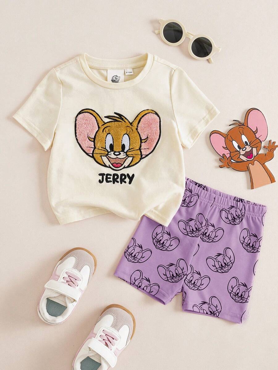 TOM & JERRY X SHEIN 女嬰卡通刺繡T恤與卡通印花短褲套裝 - 紫色 - 查看 1