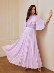 ZEYLAH Gaun Elegan dengan Hiasan Manik-Manik, Pinggang Berkerut, dan Hem Model Payung - Mauve Purple - View 4