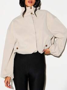 KIZN Oversized Button Detail Funnel Neck Lightweight Jacket With Balloon Sleeves And Elasticated Cuffs Fall Outerwear - Khaki - View 3