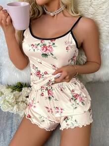 Softscene Floral Print Contrast Binding Lettuce Trim PJ Set / Pajama Set - Beige - View 1