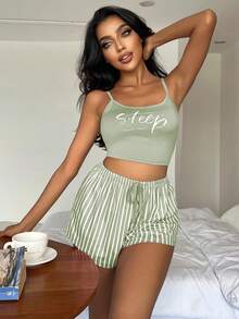 SHEIN Letter Graphic Cami Top & Striped Shorts PJ Set / Pajama Set Holiday Season - Green - View 4